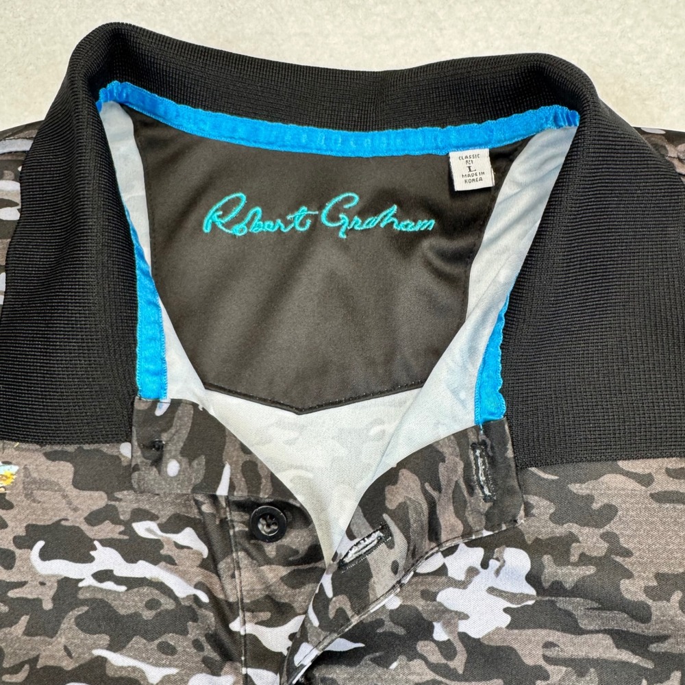 Robert Graham‎ Polo Shirt Mens Large Gray Camo Tropical Performance Excellent